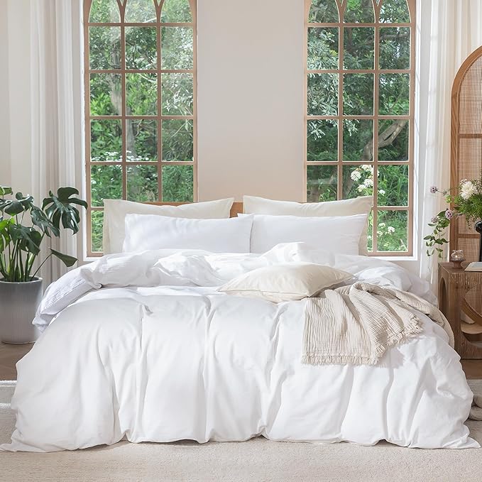 MooMee Bedding Duvet Cover Set 100% Washed Cotton Linen Like Textured Breathable Durable Soft Comfy (Solid Bright White, Oversized Full 82"x86")
