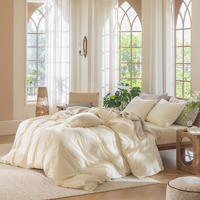 MooMee Bedding Duvet Cover Set 100% Washed Cotton Linen Like Textured Breathable Durable Soft Comfy (Solid Cream White, Super King 108"x98")