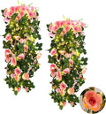 RECUTMS Hanging Flowers Artificial Rose Flower 2PCS 3.3Ft for Outdoors with 30 LED Fairy String Lights Fake Outdoor (Pink)