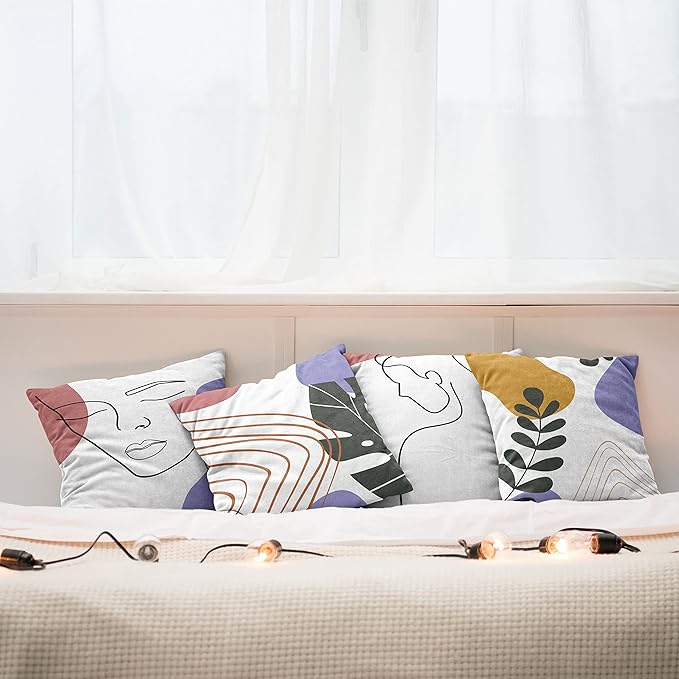 Ambesonne Minimal Throw Pillow Cushion Case Pack of 4, Modern Line Art Woman Portrait Contemporary Leafy Geometric Details, Modern Accent Double-Sided Digital Printing, 24", Lavender Amber Pale Rust