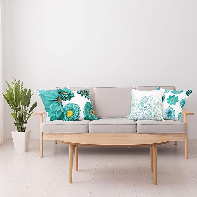 Ambesonne Floral Throw Pillow Cushion Case Pack of 4, Modern Design Flowers in Aquatic Color Palette Cold Toned Leaves Print, Modern Accent Double-Sided Digital Printing, 20", White Turquoise