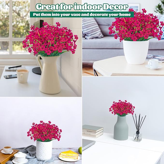 Lnoicy 24 Pcs Artificial Flowers for Outdoor,Plastic Flowers Decoration, UV Resistant Faux Flowers Shrubs, Artificial Plants for Indoor Outside Garden Home Wedding Farmhouse(Rose Red)