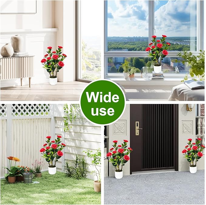 2Pack Artificial Camellia Tree, 2FT Faux Camellia Plant in Pot with Red Flowers for Spring Home Front Door Outdoor Indoor Decoration,Red