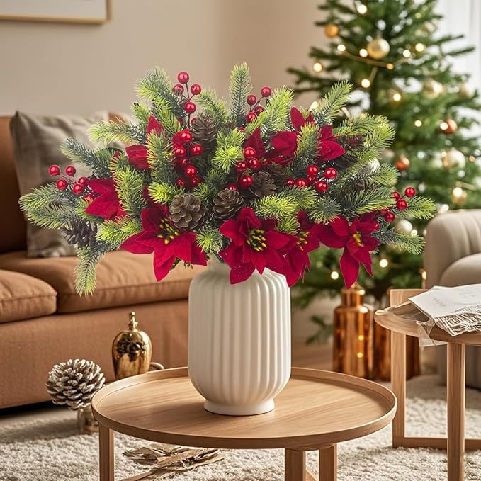 8PCS Artificial Flowers Bouquet Christmas Floral Pine Cones Red Fake Berry Picks Stems Holly Holiday Floral Picks for Xmas Tree Party Decoration DIY Indoor Table Centerpieces