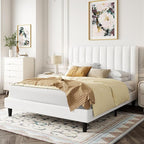 Allewie Full Bed Frame/Velvet Upholstered Bed Frame with Vertical Channel Tufted Headboard/Strong Wooden Slats/Platform Bed Frame/Mattress Foundation/Box Spring Optional/Easy Assembly/White