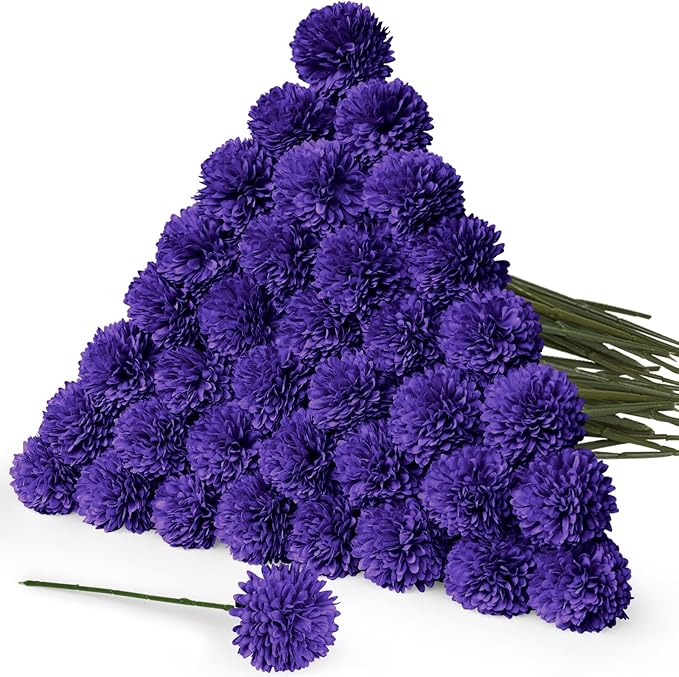 36 Pcs Purple Artificial Chrysanthemums Flowers Fake Mums Silk Vintage Ball Flower for Home Decor Indoor Floral Arrangement Table Centerpiece