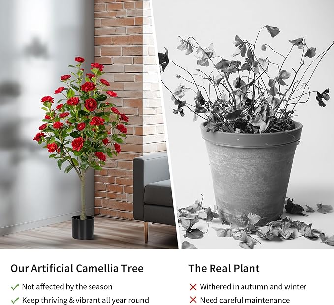 Artificial Camellia Tree 2 Pack, Artificial Plants Outdoor Faux Floral Plant in Cement Pot Fake Silk Camellia Tree Plants for Home House Living Room Office Decor