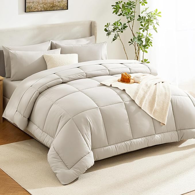 CozyLux Oversized Queen Comforter Sets Beige, 7 Pieces Bed in a Bag, Ultra-Soft All Season Bedding Sets with Stitch Quilted Comforter, Flat Sheet, Fitted Sheet, Pillowcases, Beige