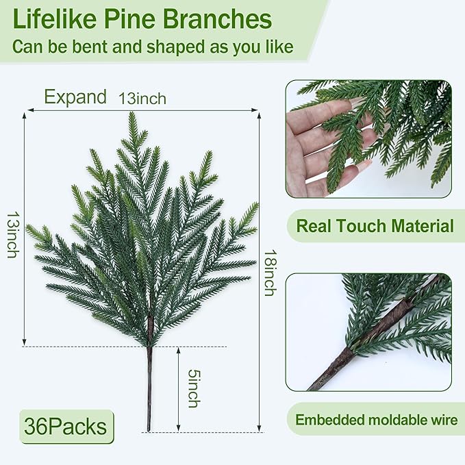 36 Pcs Christmas Greenery Pines Branch Pine Branches Artificial Green Pine Stem - Real Touch for Vase DIY Crafts Flower Arrangement Home Indoor Christmas Decor(18 Inch)