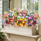 28 Bundles UV Resistant Outdoor Silk Artificial Flowers,7 Colors, Faux Daisy Flowers Hanging Fake Plants for Porch Patio Garden Window Yard Farmhouse Summer Autumn Decoration.