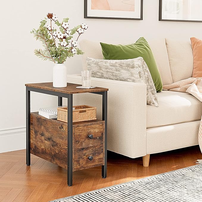HOOBRO End Table, Narrow Chairside Table with Drawer and Open Storage Shelf, Nightstand for Small Spaces, Stable and Sturdy Construction, Wood Look Accent Furniture, Rustic Brown and Black BF548BZ01G2