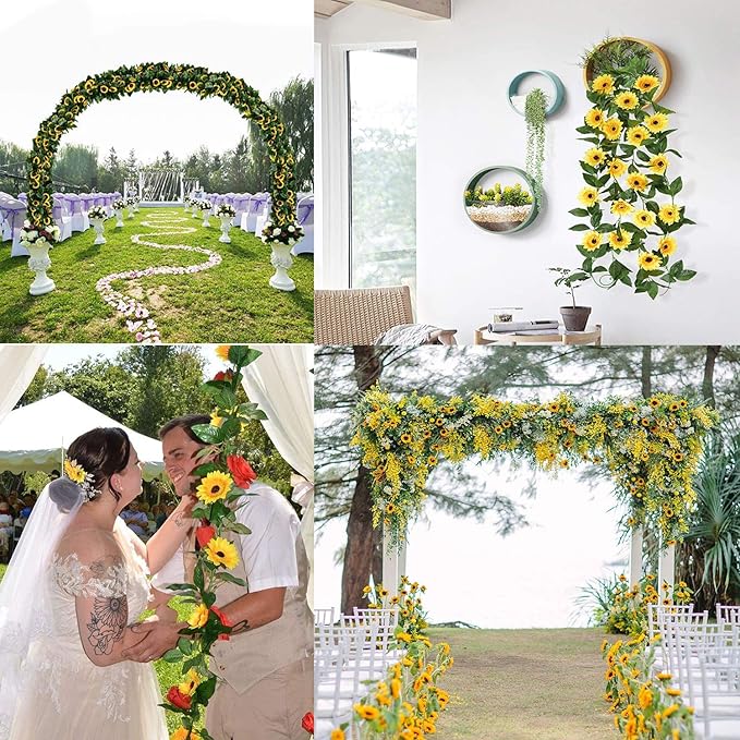 4 Pack 8.8FT Artificial Sunflower Garland with 200 LED Fairy String Lights,Fake Vines Faux Sunflowers Hanging Garland Silk Flowers Hanging Plant for Indoor,Outdoor,Wedding,Wall,Birthday Party