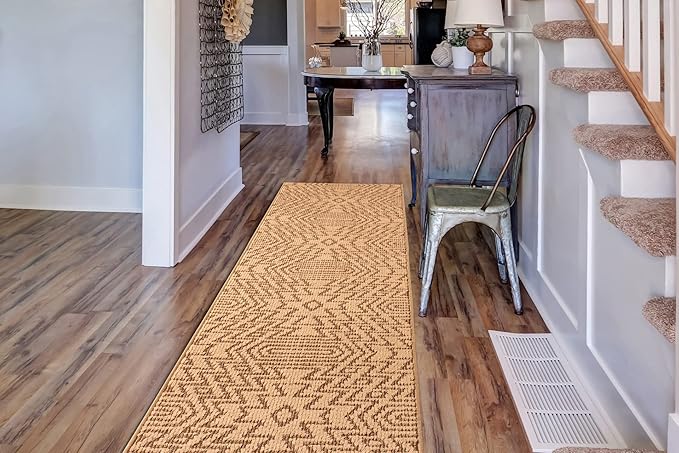 Custom Length Cut to Size Tribal Ethnic Southwestern Inspired Hallway Runner Rug, Non Slip Rubber Backed, 31 inch Wide X Customized Length, Inca Tan, 31 inch X 27 feet