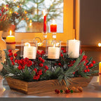 3 Pillar Christmas Table Centerpiece Christmas Candle Holder Artificial Red Berries Pine Cones with Steal Base Frosted Berry Arrangement for Home Decor