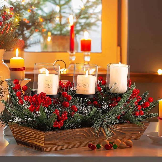 3 Pillar Christmas Table Centerpiece Christmas Candle Holder Artificial Red Berries Pine Cones with Steal Base Frosted Berry Arrangement for Home Decor