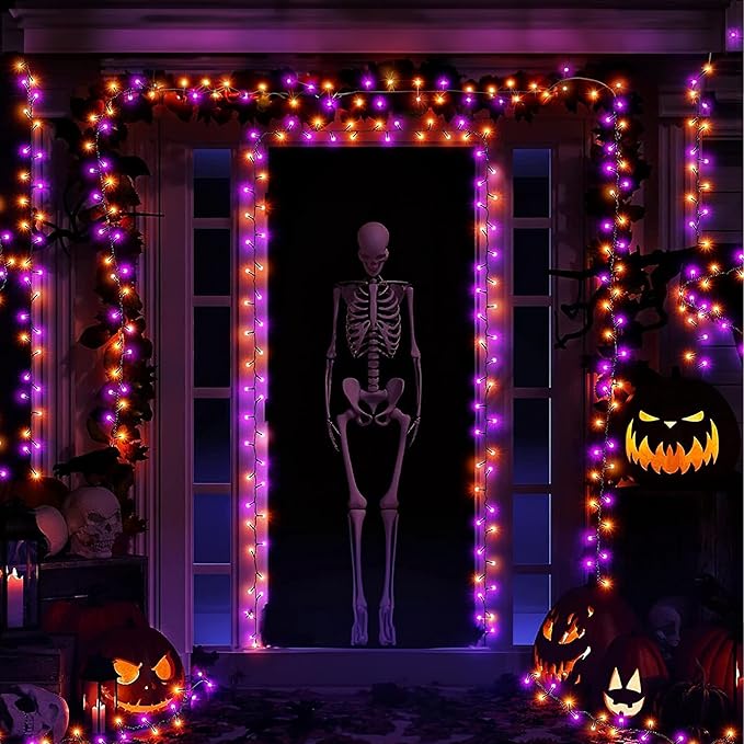Dazzle Bright 164 FT 500 LED Halloween String Lights, Waterproof Halloween String Lights Black Wire with 8 Modes, Outdoor Halloween Decorations for Indoor Party Yard Wedding Decor, Purple & Orange