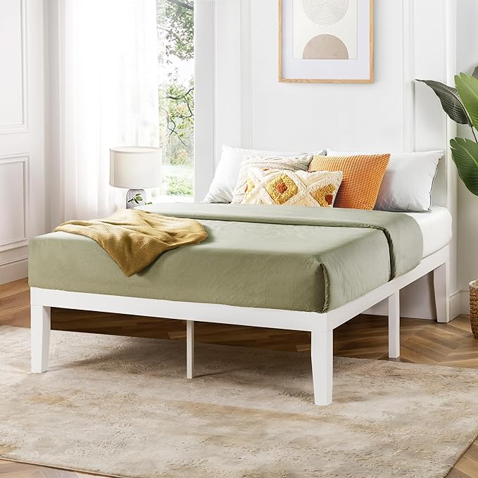 Mellow Naturalista Classic 16 Inch Solid Wood Platform Bed with Wooden Slats, White, Twin
