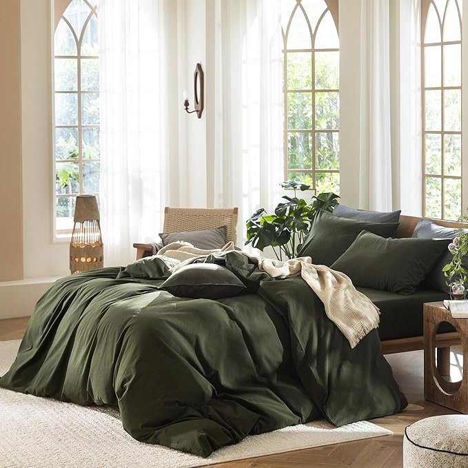 MooMee Bedding Duvet Cover Set 100% Washed Cotton Linen Like Textured Breathable Durable Soft Comfy (Solid Olive Green, King 104"x90")