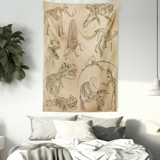 Lunarable Dinosaur Tapestry Twin Size, Hand Drawn Style Skeletons Bones from Medieval Times Archeology Theme, Wall Hanging Bedspread Bed Cover Wall Decor, Twin Size, Sand Brown Army Green