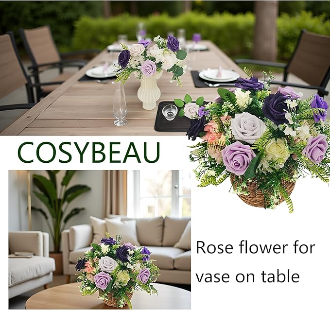 Artificial Fake Flowers 25pcs Roses, Shade of Purple Foam Rose Faux Flower for DIY Wedding Bouquets Bridal Shower Centerpieces Floral Arrangements Party Tables Home Decorations