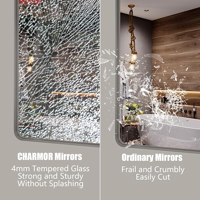 24x32 Inch Brushed Nickel Bathroom Mirror, Rounded Rectangle Silver Metal Frame Mirror, Silver Bathroom Vanity Mirror, Anti-Rust, Hangs Horizontally or Vertically