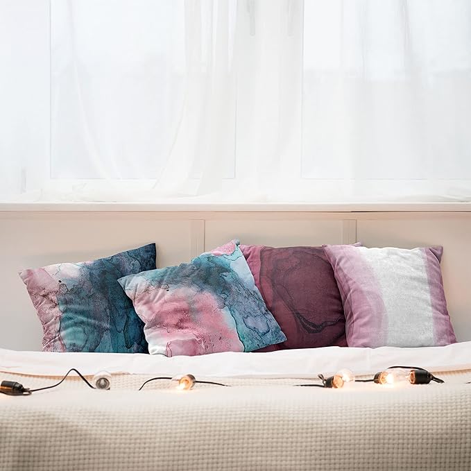 Ambesonne Marble Print Throw Pillow Cushion Case Pack of 4, Watercolor Effect Brushstrokes Stains and Hues Modern Bicolour, Modern Accent Double-Sided Digital Printing, 18", Petrol Blue and Dried Rose