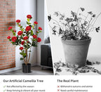 Artificial Camellia Tree 2 Pack, Artificial Plants Outdoor Faux Floral Plant in Cement Pot Fake Red Silk Camellia Tree Plants for Home House Living Room Office Decor (Red (2 Pack))
