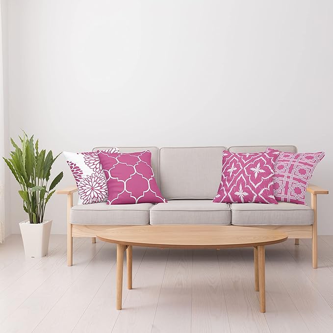 Ambesonne Vintage Throw Pillow Cushion Case Pack of 4, Monochrome Design Grid Trellis Quatrefoil Mesh and Dahlia Flowers Modern Print, Modern Accent Double-Sided Digital Printing, 18", Pink and White