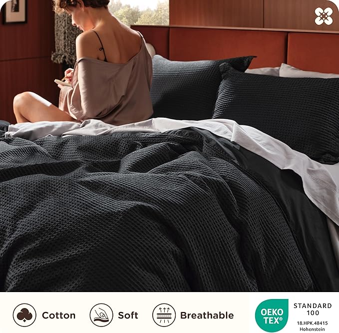 Bedsure Cotton Duvet Cover Set - 100% Cotton Waffle Weave Black Duvet Cover California King, GentleSoft™ and Breathable Cal King Bedding Set for All Season, 3 Pieces, 104"x98"