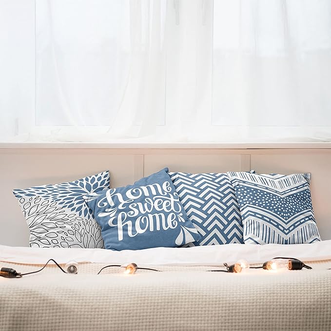Ambesonne Geometric Throw Pillow Cushion Case Pack of 4, Home Phrase Minimal Zigzag Squama Dahlia Flower Petals Chevron Tribal, Modern Accent Double-Sided Digital Printing, 20", Slate Blue and White