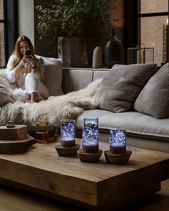 Homemory Flickering Flameless Candles with Remote, Embedded String Lights in Acylinder Vase, Battery Operated Fake Candles, Gray LED Candles with Timer for Home Decor, 8 Mode Lights, Set of 3