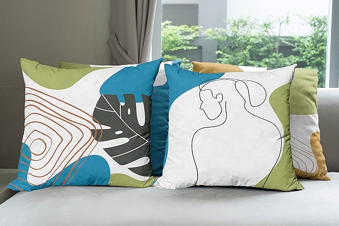 Ambesonne Minimal Throw Pillow Cushion Case Pack of 4, Modern Line Art Woman Portrait with Contemporary Leafy Geometric Details, Modern Accent Double-Sided Digital Printing, 20", Blue Green Marigold