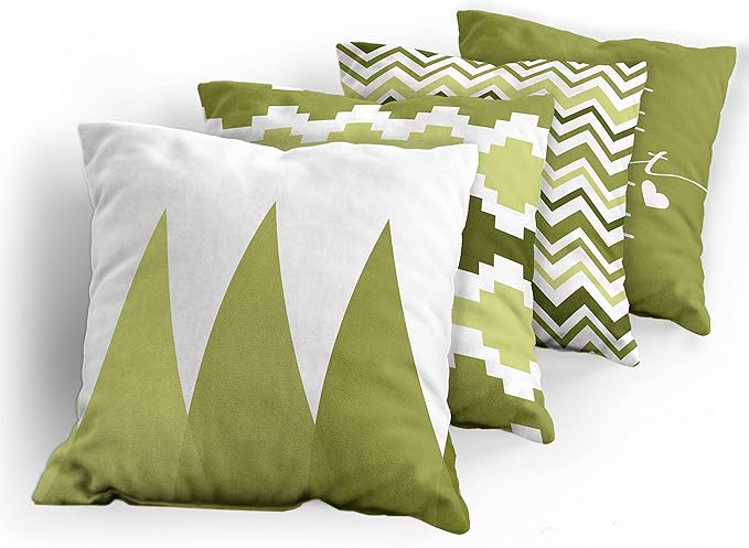 Ambesonne Modern Throw Pillow Cushion Case Pack of 4, Geometric Style Pattern of Triangles Zigzags Love Home Phrase Design, Modern Accent Double-Sided Digital Printing, 20", Olive Green and White