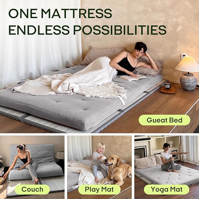 ZonLi Japanese Floor Futon Mattress Queen Size 80"x 60", 100% Cotton Cover 4'' Thicken Tatami Mattress, Foldable Sleeping Pad, Portable Dormitory Tatami Mat, Roll Up Floor Lounger Bed for Adult
