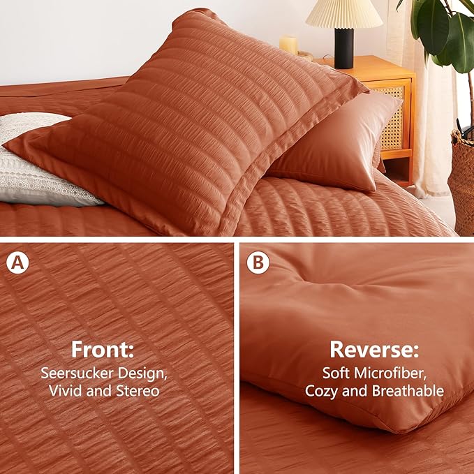 CozyLux Queen Comforter Set Burnt Orange Seersucker 7 Pieces Bed in a Bag Queen Comforter Set with Sheets Terracotta Luxury Bedding Set with Down Alternative Comforter, Sheets, Pillowcases & Shams