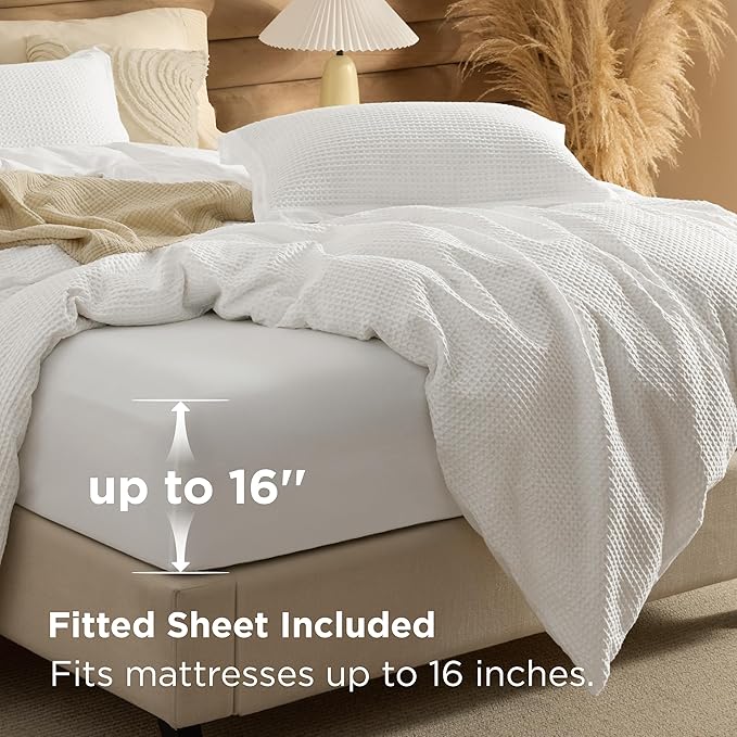 Bedsure 100% Cotton Duvet Cover King Size with Fitted Sheet - 4 Pieces Coconut White Waffle Weave Bedding Set, GentleSoft™ and Breathable, Includes 1 Duvet Cover 104x90, 1 Fitted Sheet, 2 Pillow Shams
