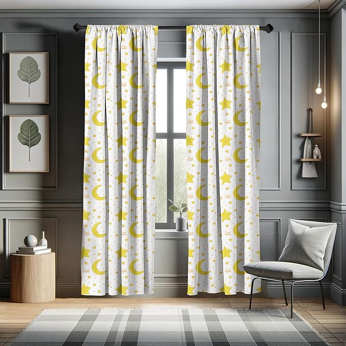 Ambesonne Yellow and White Curtains, Sleeping Crescent Moon and Stars Pattern Night Time Cartoon Illustration, Window Treatments 2 Panel Set for Living Room Bedroom, Pair of - 28" x 95", Pale Yellow