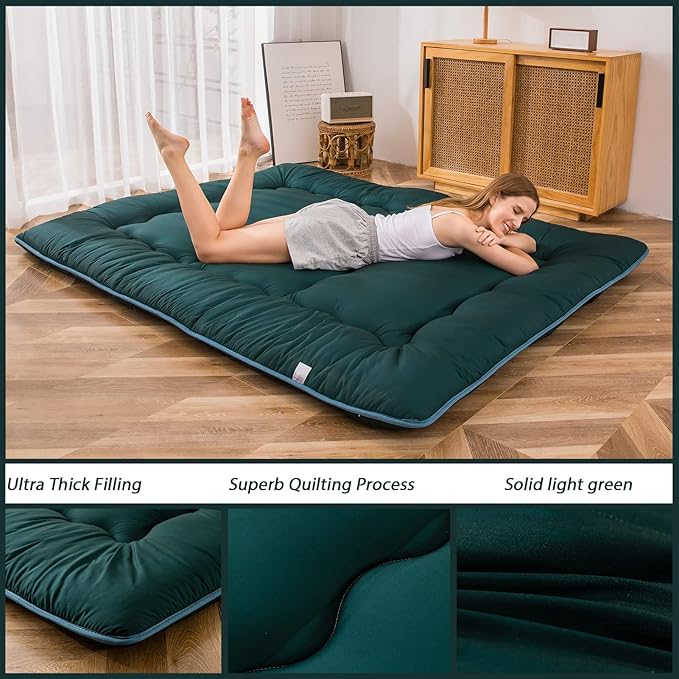 MAXYOYO Japanese Floor Mattress Futon Mattress, Thicken Sleeping Pad Foldable Roll Up Floor Futon for Adults Tatami Mat Dormitory Bed Lounger, Dark Green, Full Size