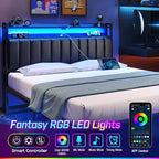 Rolanstar Headboard for Full Size Bed with Storage, 60,000 DIY Color of LED Light, Head Board with USB & Type C Port, Height Adjustable, Black Upholstered Cabeceras de Cama Comfortable Modern, Leather