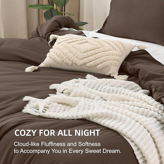 Litanika Comforters King Size Chocolate, 3 Pieces Lightweight Solid Bedding Set & Collections, All Season Fluffy Bed Set (104x90 Inches Comforter & 2 Pillowcases)
