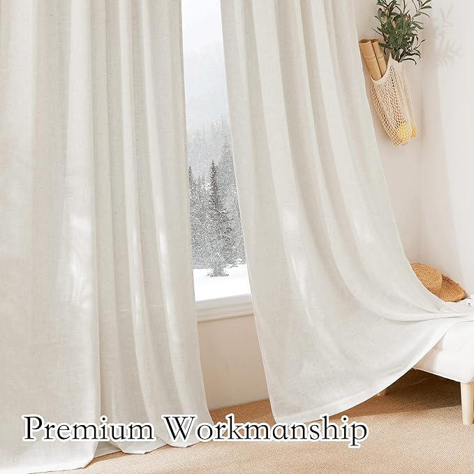RYB HOME Natural Linen Curtains for Living Room Bedroom, Light Filtering Lightweight Short Window Treatments Boho Country Rustic Semi Sheer Drapes, W 34 x L 45 inches, Linen, 2 Panels Set