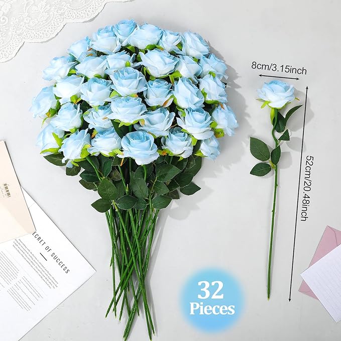 32 Pcs Ice Blue Artificial Roses Fake Flowers, Silk Flowers with Stems for DIY Wedding Bridal Shower Centerpieces Arrangements Tables Decorations