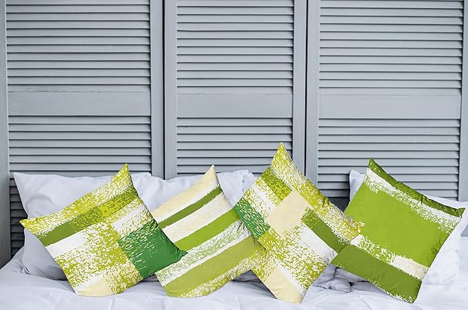 Ambesonne Grunge Throw Pillow Cushion Case Pack of 4, Abstract Design Simplistic Minimal Stripes Brushstrokes Contemporary, Modern Accent Double-Sided Digital Printing, 18", Lime Green Cream and White