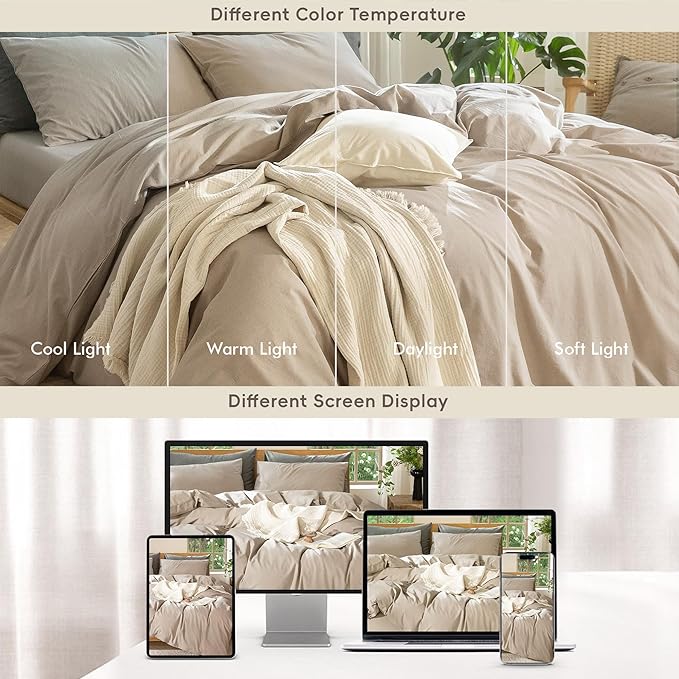 MooMee Bedding Duvet Cover Set 100% Washed Cotton Linen Like Textured Breathable Durable Soft Comfy (Heathered Taupe, Palatial King/Oversized King 120"x98")