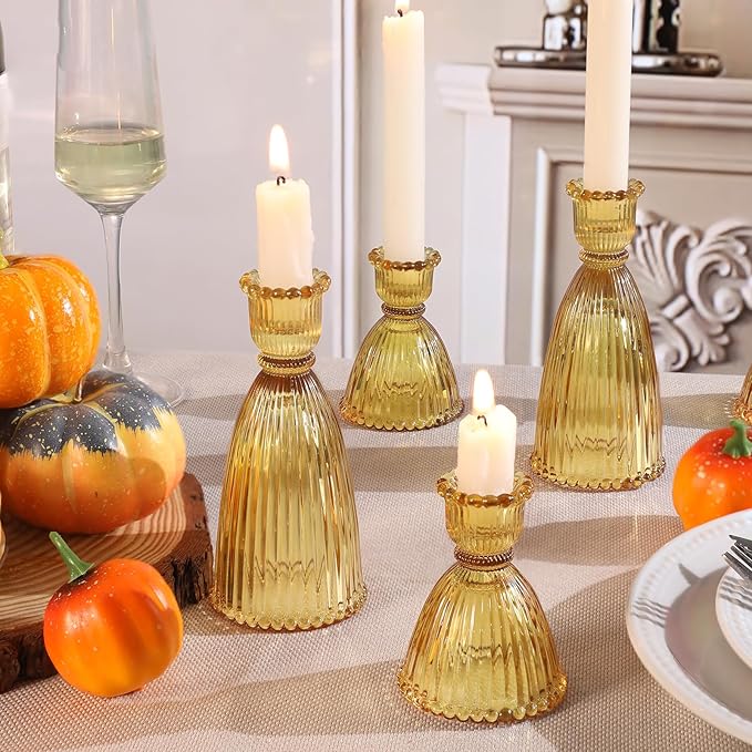 6 Pcs Amber Glass Candlestick Holders (3.5"/6", Assorted)- Tall Taper Candle Holders with Vintage Design, Candle Stick Holders in Bulk for Fall Party Decor, Amber Candle Holder for Tapered Candles