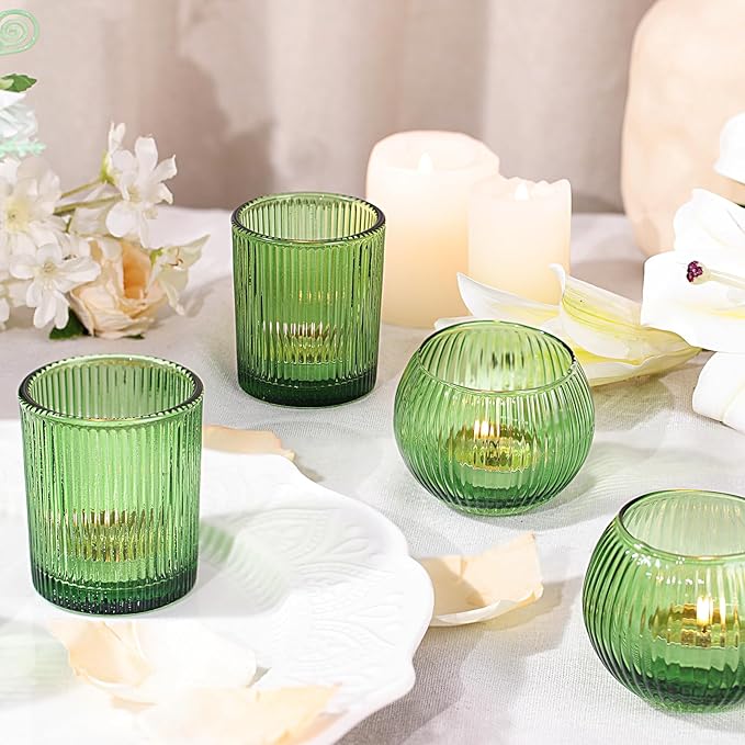 30pcs Assorted Ribbed Green Votive Candle Holders, Green Candle Holders for Wedding Centerpiece, Tea Light Candle Holder for Dinner Table Centerpiece, Home and Party Decorations