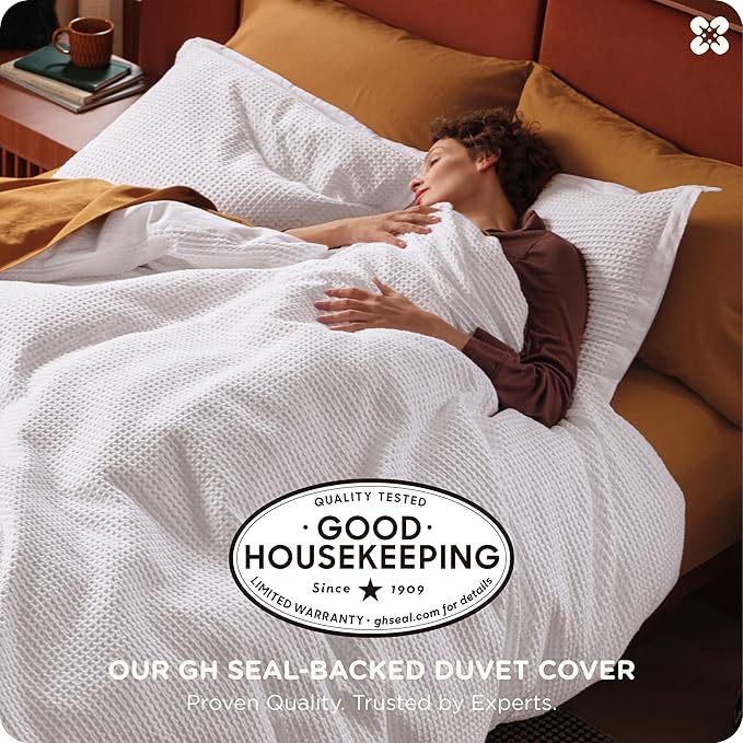 Bedsure Cotton Duvet Cover Set - 100% Cotton Waffle Weave Bright White Duvet Cover California King Size, GentleSoft™ and Breathable Cal King Bedding Set for All Season, 3 Pieces, 104"x98"