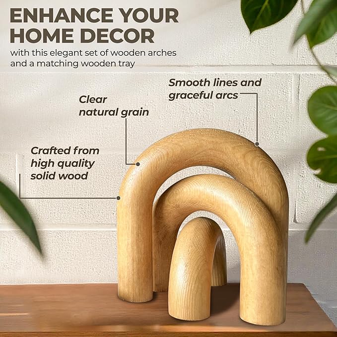Leia's Store Decorative Wooden Arches & Tray Set – Neutral Coffee Table Decor, Rustic Bookshelf Styling, Boho Scandinavian Farmhouse Accents, Minimalist Aesthetic Wooden Sculptures (4 pcs)