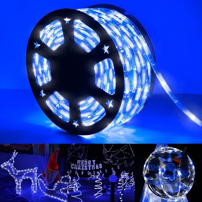 50ft LED Rope Lights Outdoor, 360 LED Connectable and Flexible Tube Lights with 8 Modes, Waterproof LED Rope Lighting for Garden Patio Bedroom Party Pool Indoor Outdoor Christmas Decor (White & Blue)