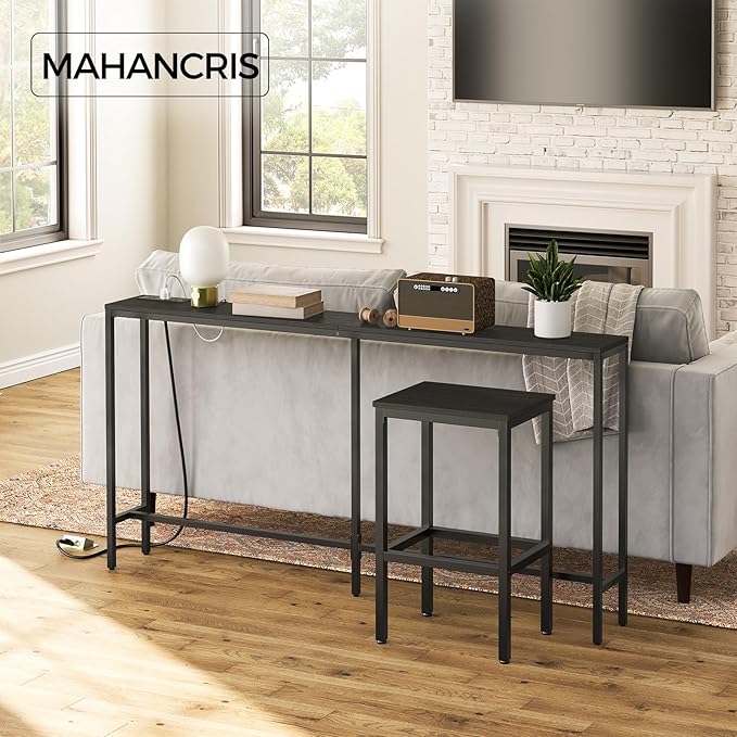 63" Console Table with Power Outlet, Narrow Sofa Industrial Entryway Behind Couch Table with USB Ports for Entryway, Hallway, Foyer, Living Room, Bedroom, Black CTHB16E01
